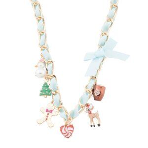 NWT BETSEY JOHNSON Blue Ribbon Christmas Charm Necklace Gold Tone Girly Cute